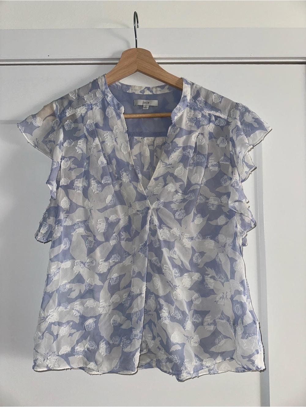 Joie Floral Silk Blend Clip Jacquard Ruffle Sleeve Blouse - Size S